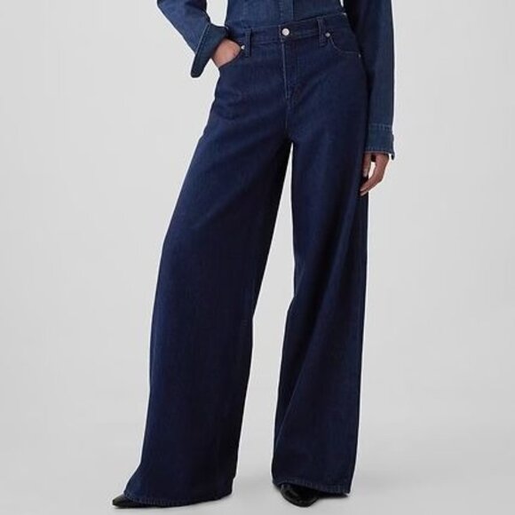 Gap Mid Rise UltraSoft Baggy Rinsed Dark Blue Denim Wide Leg Jeans Size 27 Long - Picture 1 of 11